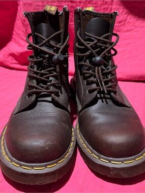 Dr. Martens Dark Brown Leather Lace-Up Boots with Yellow Stitching